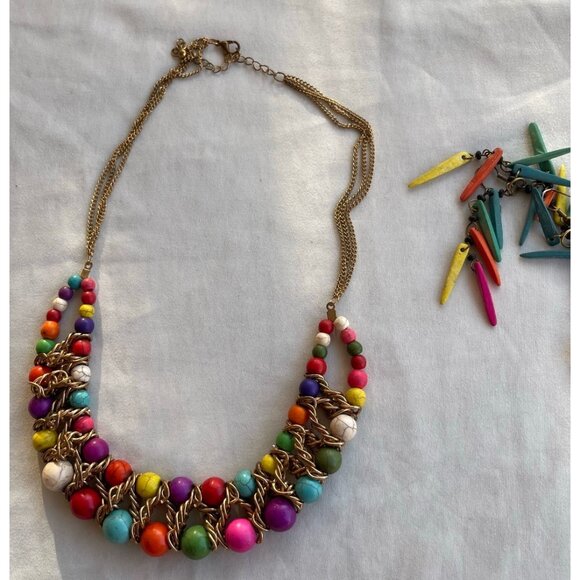 Ethnic Multicolor Boho Cord Necklace Colorful Beads Round Natural Stones 22” - Picture 3 of 16